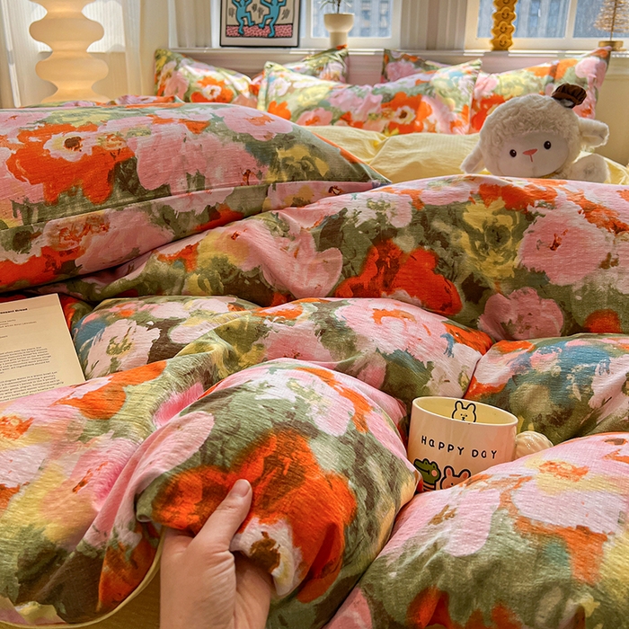 91家纺网 家纺一手货源 找家纺 花伞家居 2026新款印花皱皱双层纱四件套含买家秀-系列二 热情绚烂