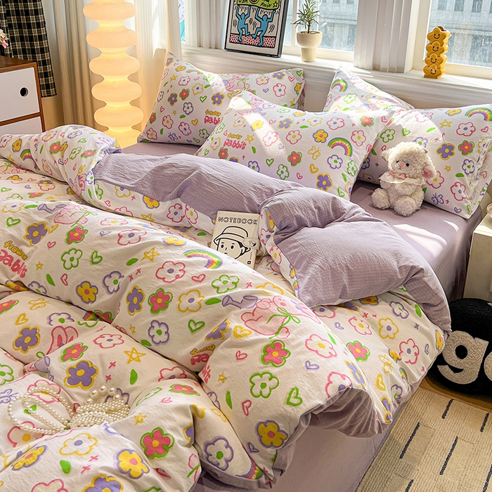 91家纺网 家纺一手货源 找家纺 花伞家居 2026新款印花皱皱双层纱四件套含买家秀-系列二 花匠兔