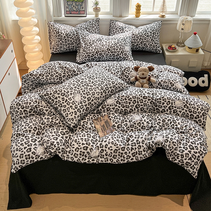 91家纺网 家纺一手货源 找家纺 花伞家居 2026新款印花皱皱双层纱四件套含买家秀-系列二 豹纹灰