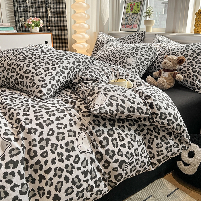 91家纺网 家纺一手货源 找家纺 花伞家居 2026新款印花皱皱双层纱四件套含买家秀-系列二 豹纹灰