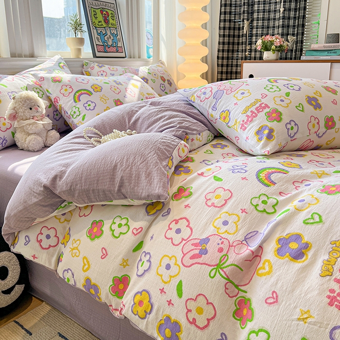 91家纺网 家纺一手货源 找家纺 花伞家居 2026新款印花皱皱双层纱四件套含买家秀-系列二 花匠兔