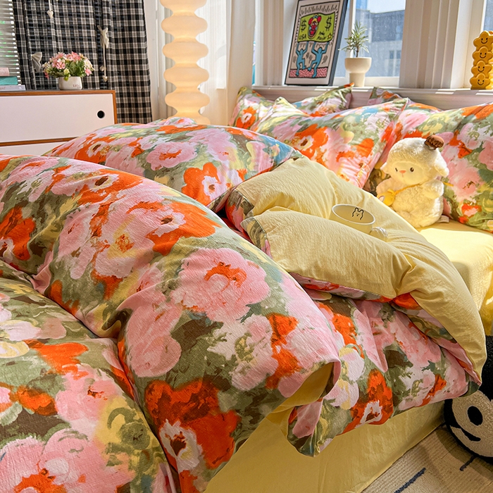 91家纺网 家纺一手货源 找家纺 花伞家居 2026新款印花皱皱双层纱四件套含买家秀-系列二 热情绚烂