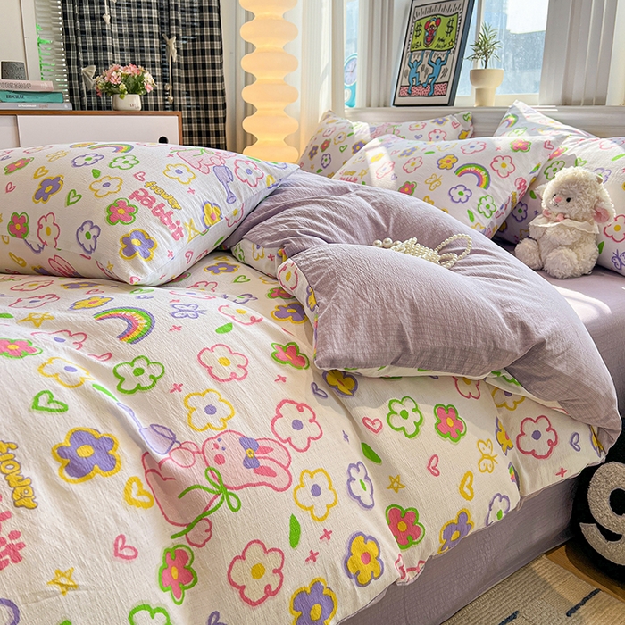 91家纺网 家纺一手货源 找家纺 花伞家居 2026新款印花皱皱双层纱四件套含买家秀-系列二 花匠兔