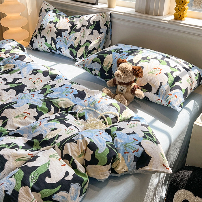 91家纺网 家纺一手货源 找家纺 花伞家居 2026新款印花皱皱双层纱四件套含买家秀-系列二 盛开-蓝