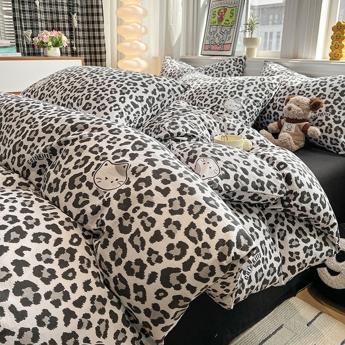 91家纺网 家纺一手货源 找家纺 花伞家居 2026新款印花皱皱双层纱四件套含买家秀-系列二 豹纹灰