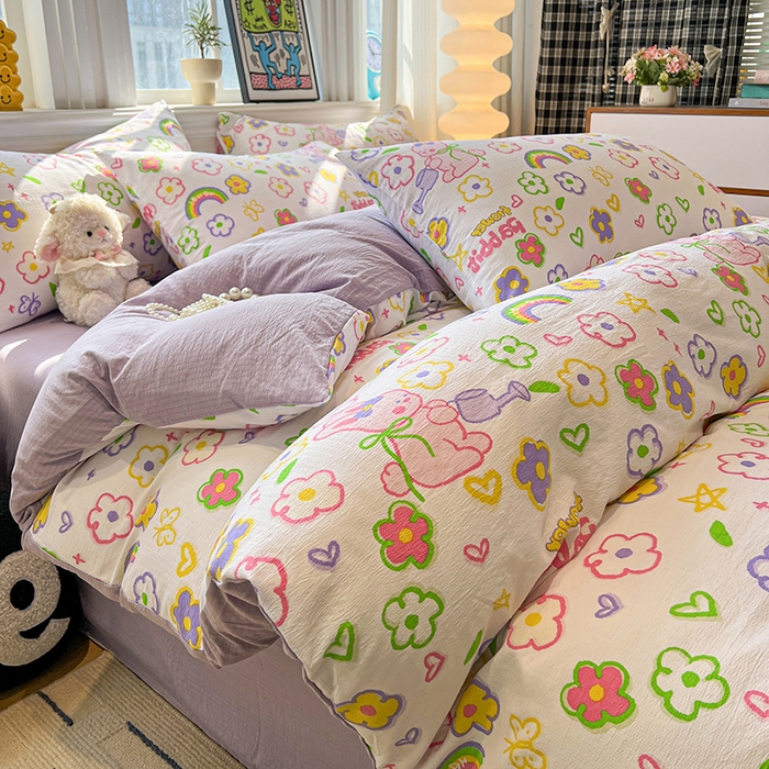 91家纺网 家纺一手货源 找家纺 花伞家居 2026新款印花皱皱双层纱四件套含买家秀-系列二 花匠兔