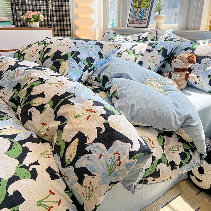 91家纺网 家纺一手货源 找家纺 花伞家居 2026新款印花皱皱双层纱四件套含买家秀-系列二 盛开-蓝