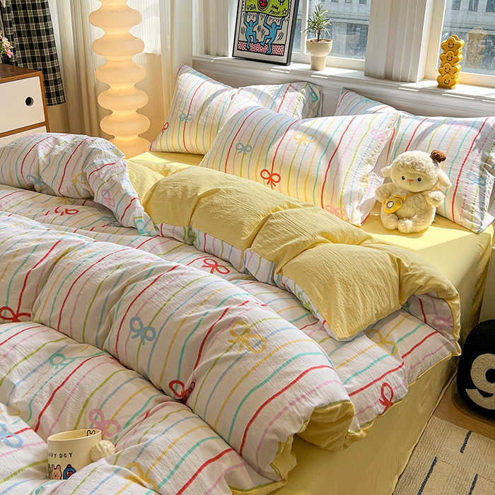 91家纺网 家纺一手货源 找家纺 花伞家居 2026新款印花皱皱双层纱四件套含买家秀-系列二 彩色可爱