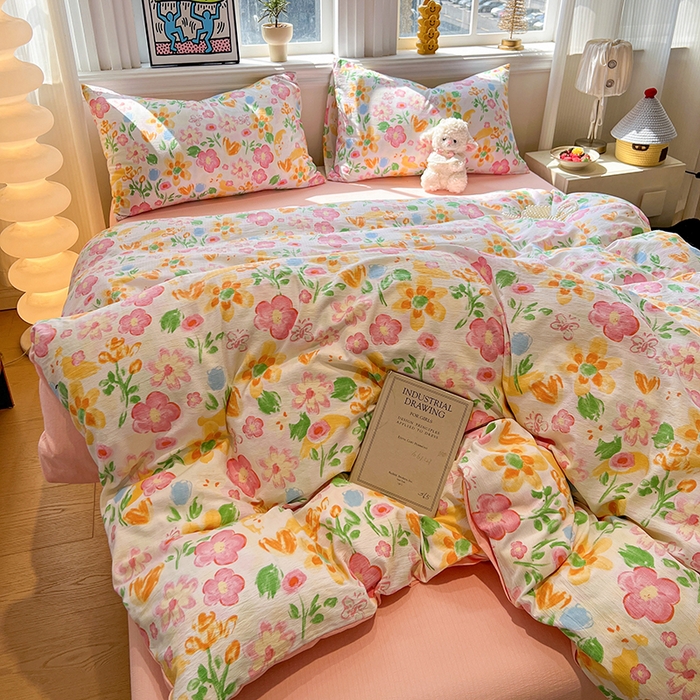 91家纺网 家纺一手货源 找家纺 花伞家居 2026新款印花皱皱双层纱四件套含买家秀-系列二 风传花信