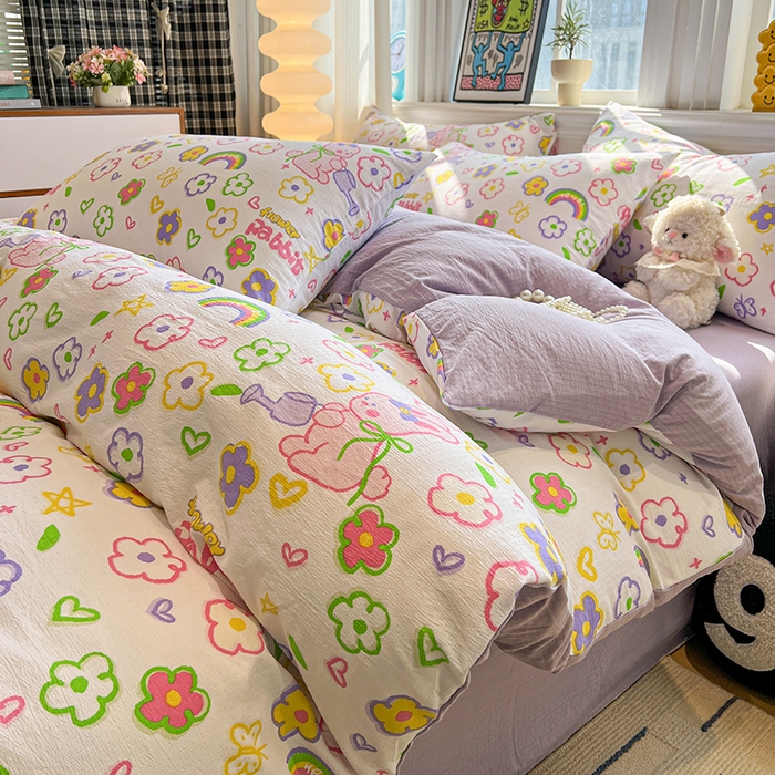 91家纺网 家纺一手货源 找家纺 花伞家居 2026新款印花皱皱双层纱四件套含买家秀-系列二 花匠兔