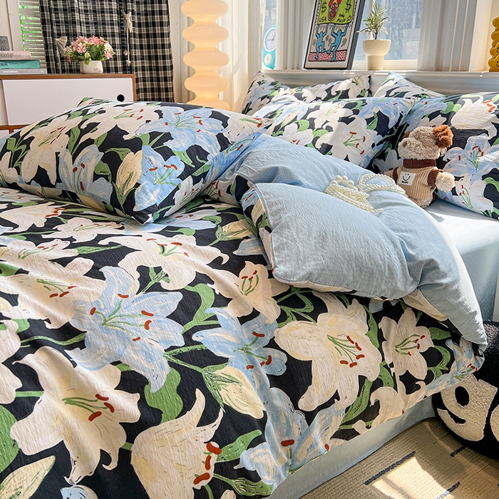 91家纺网 家纺一手货源 找家纺 花伞家居 2026新款印花皱皱双层纱四件套含买家秀-系列二 盛开-蓝