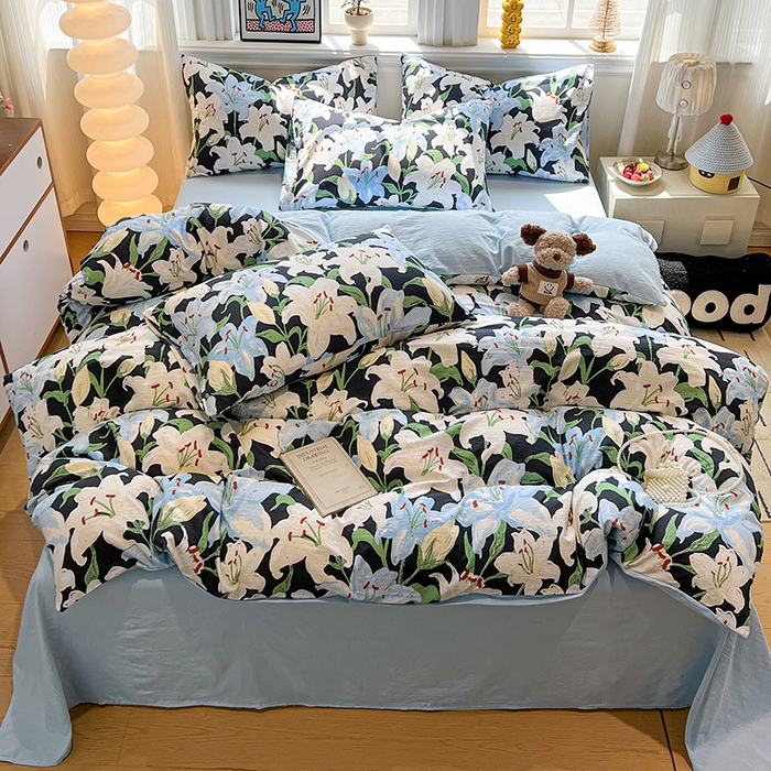 91家纺网 家纺一手货源 找家纺 花伞家居 2026新款印花皱皱双层纱四件套含买家秀-系列二 盛开-蓝