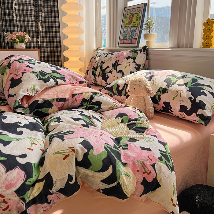 91家纺网 家纺一手货源 找家纺 花伞家居 2026新款印花皱皱双层纱四件套含买家秀-系列二 盛开-粉