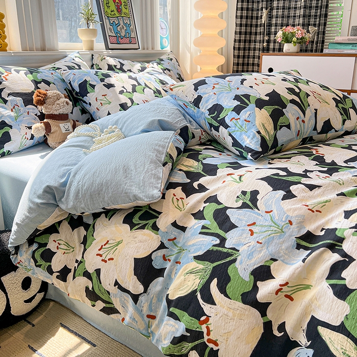 91家纺网 家纺一手货源 找家纺 花伞家居 2026新款印花皱皱双层纱四件套含买家秀-系列二 盛开-蓝