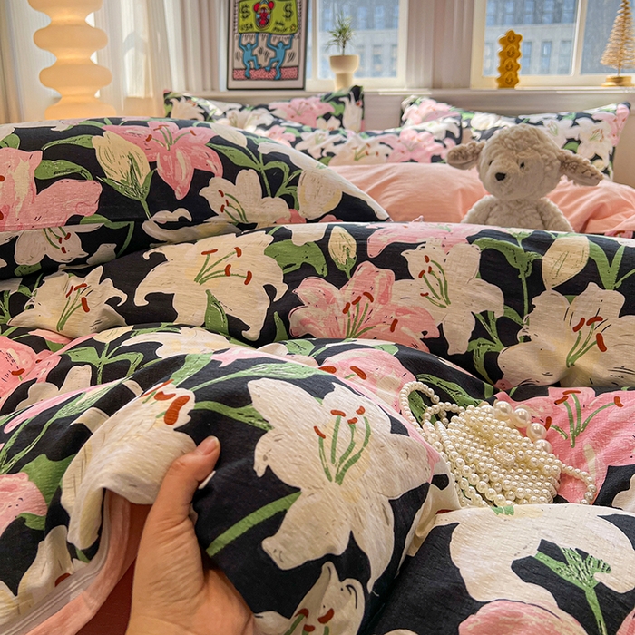 91家纺网 家纺一手货源 找家纺 花伞家居 2026新款印花皱皱双层纱四件套含买家秀-系列二 盛开-粉