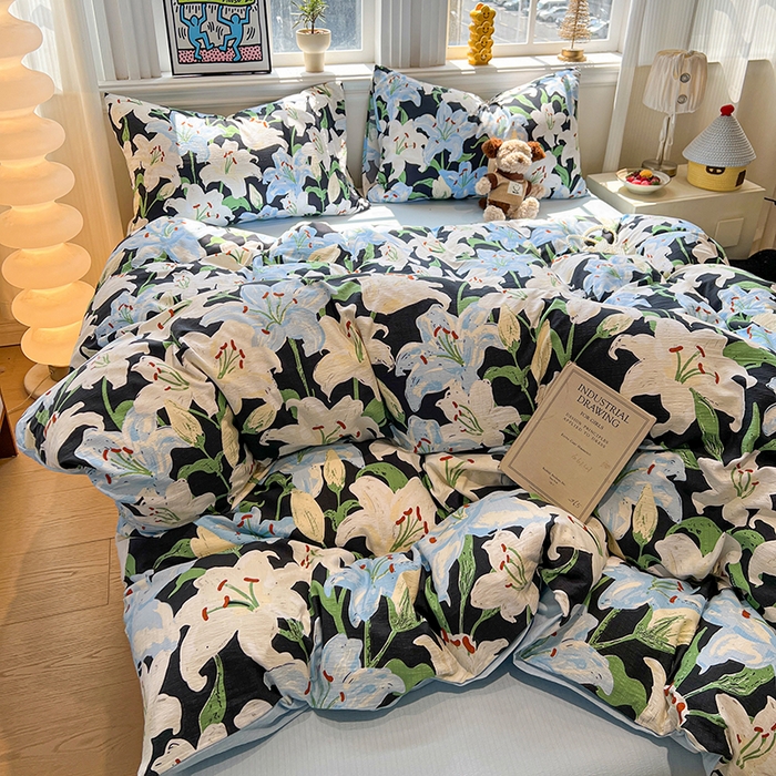 91家纺网 家纺一手货源 找家纺 花伞家居 2026新款印花皱皱双层纱四件套含买家秀-系列二 盛开-蓝