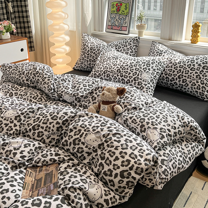 91家纺网 家纺一手货源 找家纺 花伞家居 2026新款印花皱皱双层纱四件套含买家秀-系列二 豹纹灰