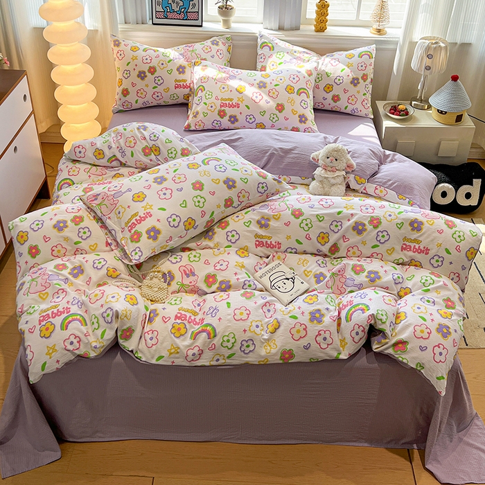 91家纺网 家纺一手货源 找家纺 花伞家居 2026新款印花皱皱双层纱四件套含买家秀-系列二 花匠兔