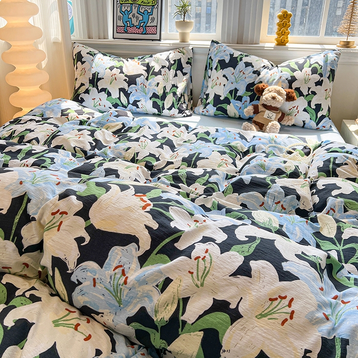 91家纺网 家纺一手货源 找家纺 花伞家居 2026新款印花皱皱双层纱四件套含买家秀-系列二 盛开-蓝