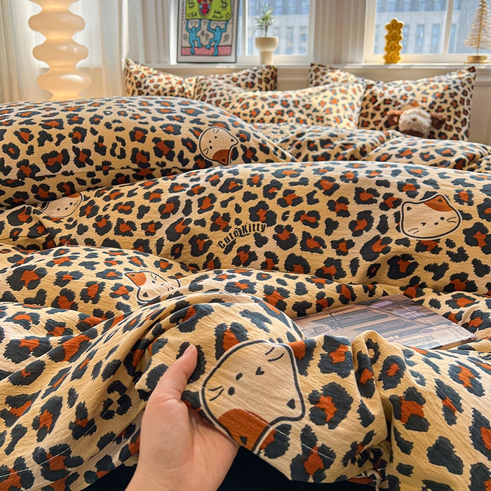 91家纺网 家纺一手货源 找家纺 花伞家居 2026新款印花皱皱双层纱四件套含买家秀-系列二 豹纹黄