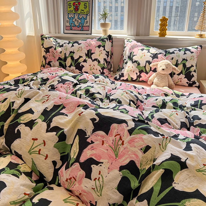 91家纺网 家纺一手货源 找家纺 花伞家居 2026新款印花皱皱双层纱四件套含买家秀-系列二 盛开-粉