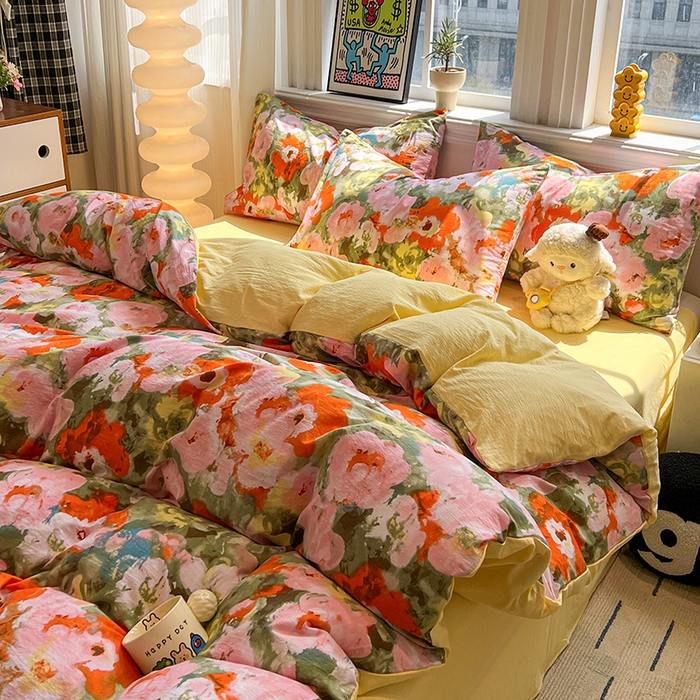 91家纺网 家纺一手货源 找家纺 花伞家居 2026新款印花皱皱双层纱四件套含买家秀-系列二 热情绚烂