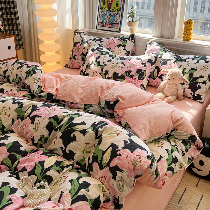 91家纺网 家纺一手货源 找家纺 花伞家居 2026新款印花皱皱双层纱四件套含买家秀-系列二 盛开-粉