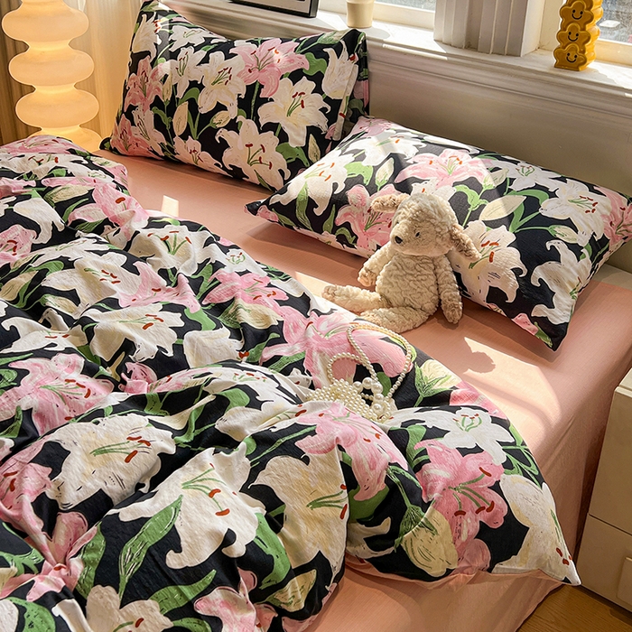 91家纺网 家纺一手货源 找家纺 花伞家居 2026新款印花皱皱双层纱四件套含买家秀-系列二 盛开-粉