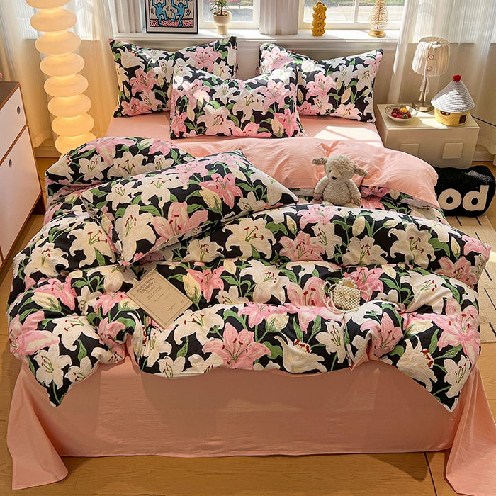 91家纺网 家纺一手货源 找家纺 花伞家居 2026新款印花皱皱双层纱四件套含买家秀-系列二 盛开-粉