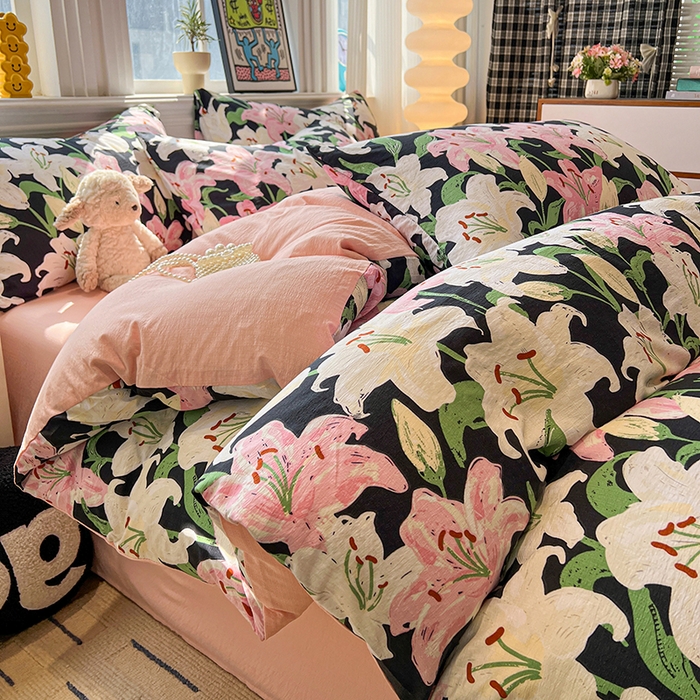 91家纺网 家纺一手货源 找家纺 花伞家居 2026新款印花皱皱双层纱四件套含买家秀-系列二 盛开-粉