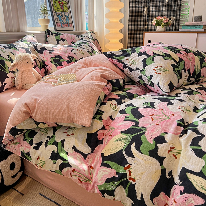 91家纺网 家纺一手货源 找家纺 花伞家居 2026新款印花皱皱双层纱四件套含买家秀-系列二 盛开-粉