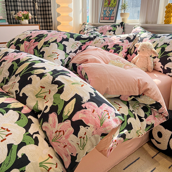 91家纺网 家纺一手货源 找家纺 花伞家居 2026新款印花皱皱双层纱四件套含买家秀-系列二 盛开-粉