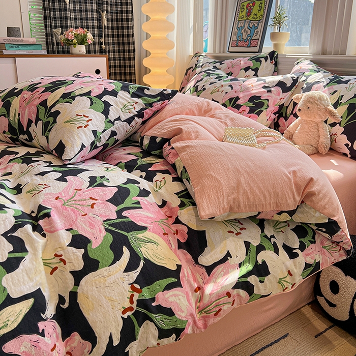 91家纺网 家纺一手货源 找家纺 花伞家居 2026新款印花皱皱双层纱四件套含买家秀-系列二 盛开-粉