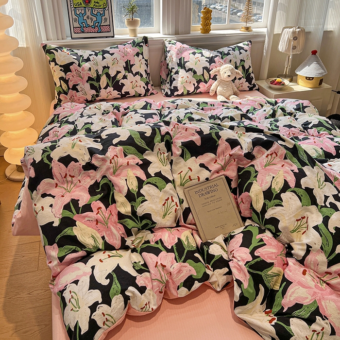 91家纺网 家纺一手货源 找家纺 花伞家居 2026新款印花皱皱双层纱四件套含买家秀-系列二 盛开-粉