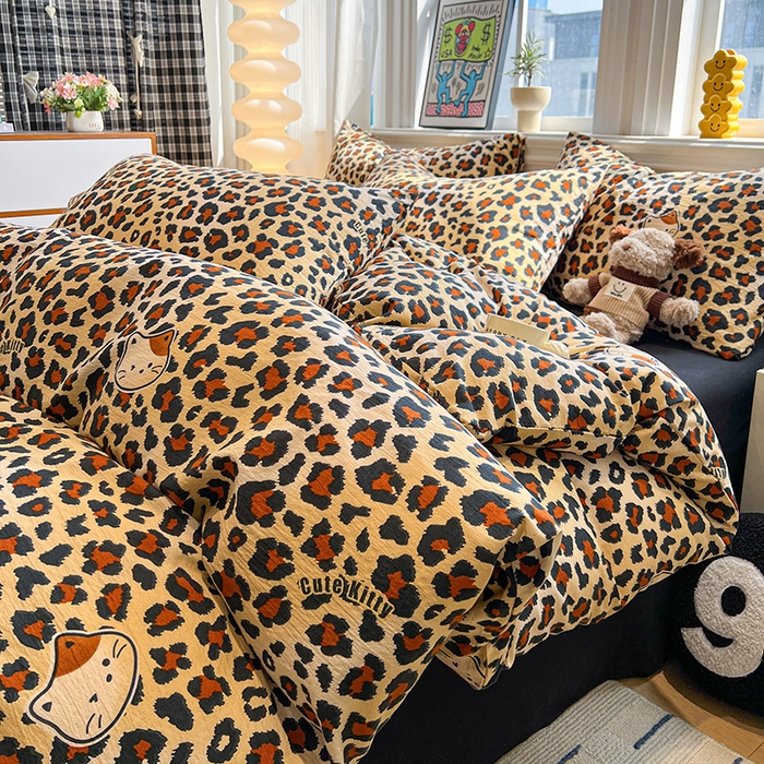 91家纺网 家纺一手货源 找家纺 花伞家居 2026新款印花皱皱双层纱四件套含买家秀-系列二 豹纹黄