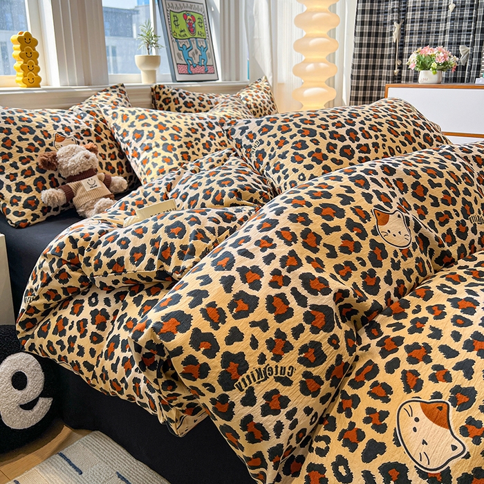 91家纺网 家纺一手货源 找家纺 花伞家居 2026新款印花皱皱双层纱四件套含买家秀-系列二 豹纹黄