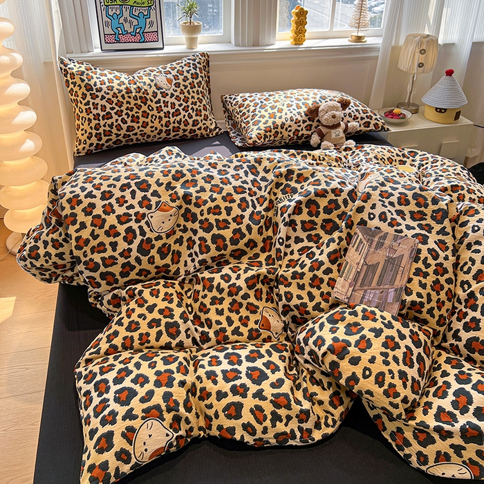 91家纺网 家纺一手货源 找家纺 花伞家居 2026新款印花皱皱双层纱四件套含买家秀-系列二 豹纹黄