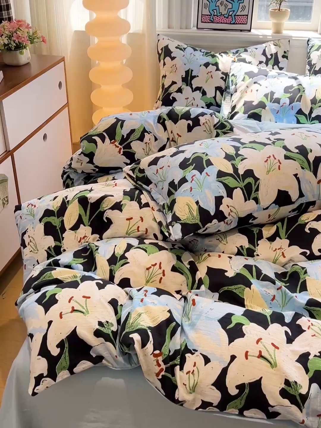 91家纺网 家纺一手货源 找家纺 花伞家居 2026新款印花皱皱双层纱四件套含买家秀-系列二 盛开-蓝