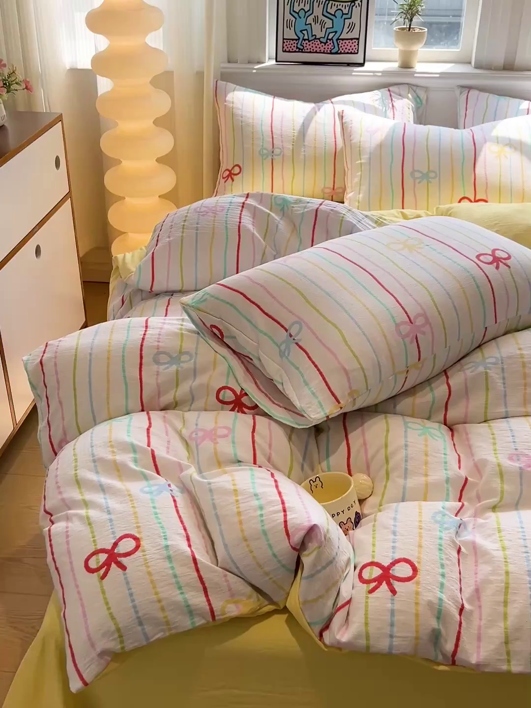 91家纺网 家纺一手货源 找家纺 花伞家居 2026新款印花皱皱双层纱四件套含买家秀-系列二 彩色可爱