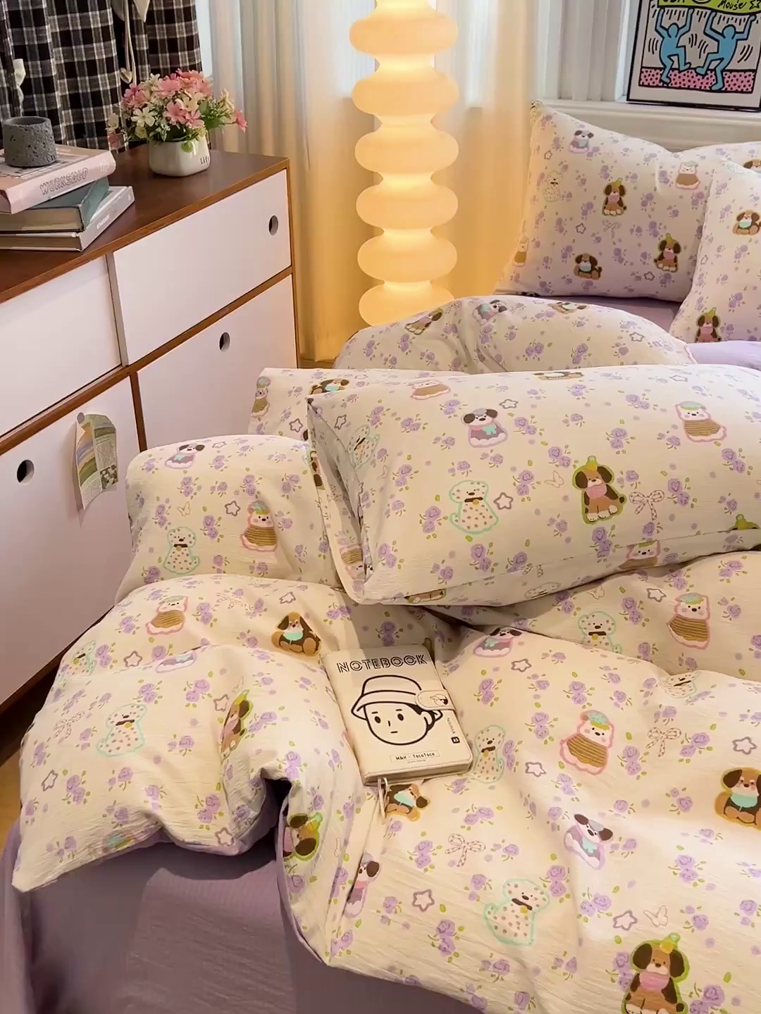 91家纺网 家纺一手货源 找家纺 花伞家居 2026新款印花皱皱双层纱四件套含买家秀-系列二 芋泥啵啵