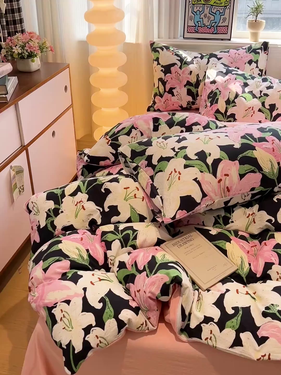 91家纺网 家纺一手货源 找家纺 花伞家居 2026新款印花皱皱双层纱四件套含买家秀-系列二 盛开-粉