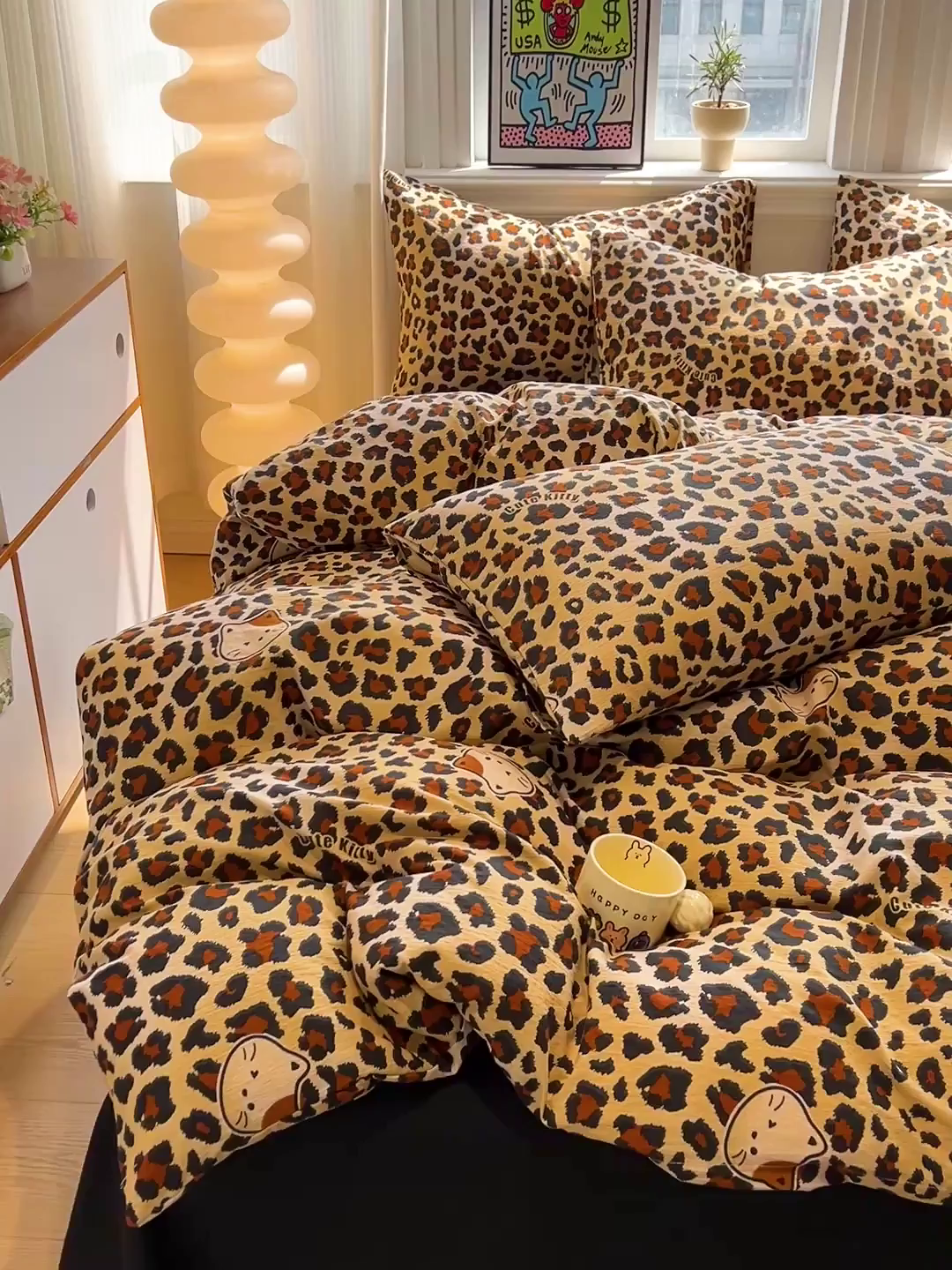 91家纺网 家纺一手货源 找家纺 花伞家居 2026新款印花皱皱双层纱四件套含买家秀-系列二 豹纹黄