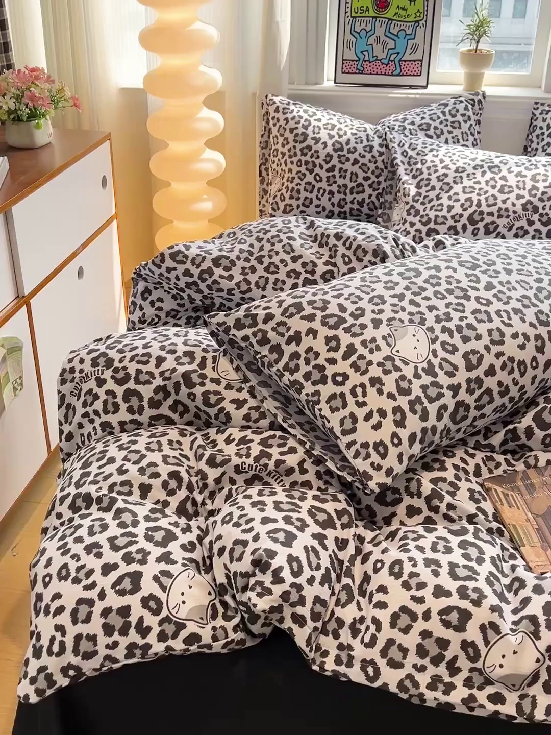 91家纺网 家纺一手货源 找家纺 花伞家居 2026新款印花皱皱双层纱四件套含买家秀-系列二 豹纹灰