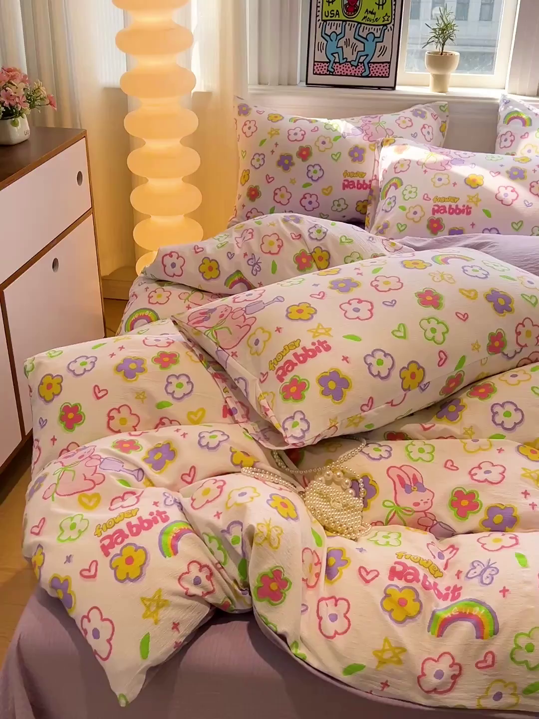 91家纺网 家纺一手货源 找家纺 花伞家居 2026新款印花皱皱双层纱四件套含买家秀-系列二 花匠兔