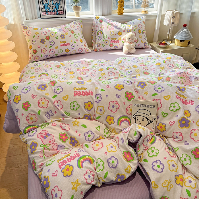 91家纺网 家纺一手货源 找家纺 花伞家居 2026新款印花皱皱双层纱四件套含买家秀-系列二 花匠兔