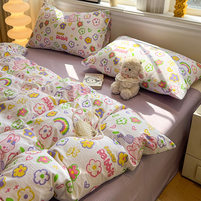 91家纺网 家纺一手货源 找家纺 花伞家居 2026新款印花皱皱双层纱四件套含买家秀-系列二 花匠兔