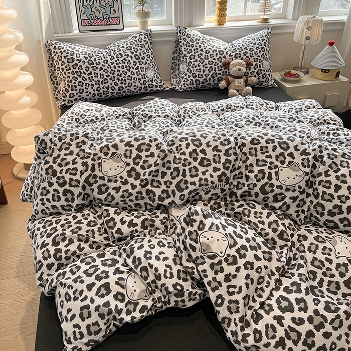 91家纺网 家纺一手货源 找家纺 花伞家居 2026新款印花皱皱双层纱四件套含买家秀-系列二 豹纹灰