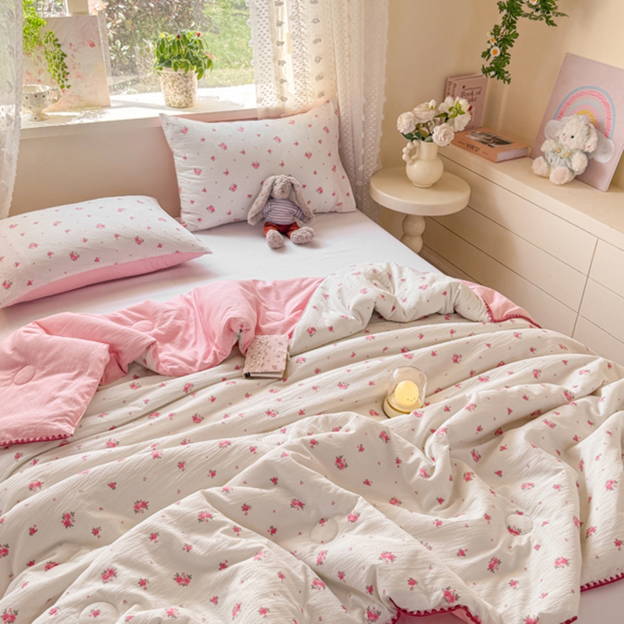 91家纺网 家纺一手货源 找家纺 （总）雅蔓依家纺 2026春夏新款三角针贝壳边木棉云感双层纱棉花夏被夏凉被空调被