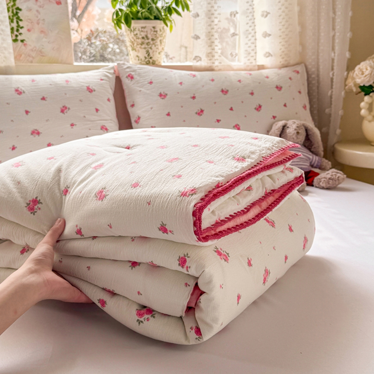 91家纺网 家纺一手货源 找家纺 （总）雅蔓依家纺 2026春夏新款三角针贝壳边木棉云感双层纱棉花夏被夏凉被空调被