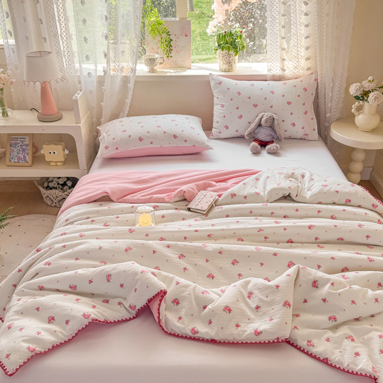 91家纺网 家纺一手货源 找家纺 （总）雅蔓依家纺 2026春夏新款三角针贝壳边木棉云感双层纱棉花夏被夏凉被空调被